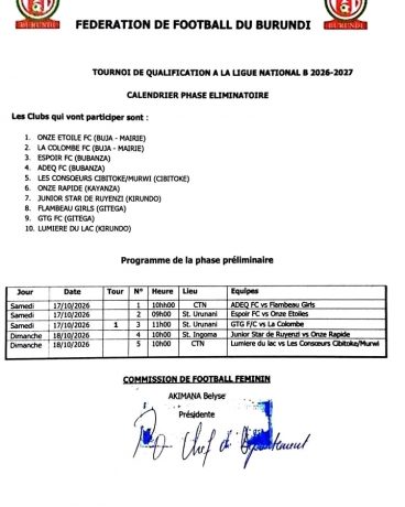 La Fédération de Football du Burundi lance les qualifications pour la Ligue Nationale Féminine B