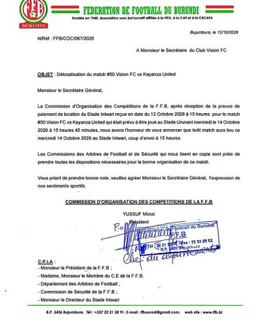 Délocalisation du match Vision FC contre Kayanza United